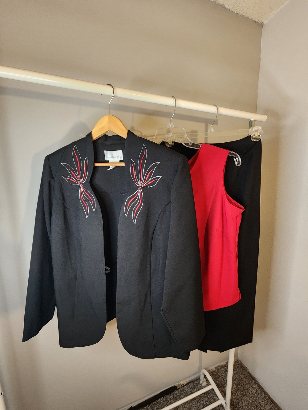 Pride & Joy 3 Pcs Set. Black Jacket Red/White Embroidery. Red Shirt, Black Skirt